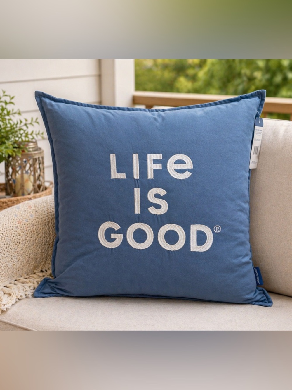 Life Is Good Blue 18x18 Indoor/Outdoor Throw Pillow NWT Machine Washable